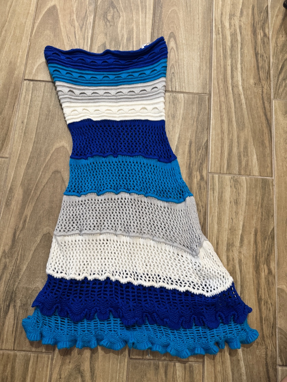 Strapless Blue, White & Gray Striped Open-Knit Swim Coverup